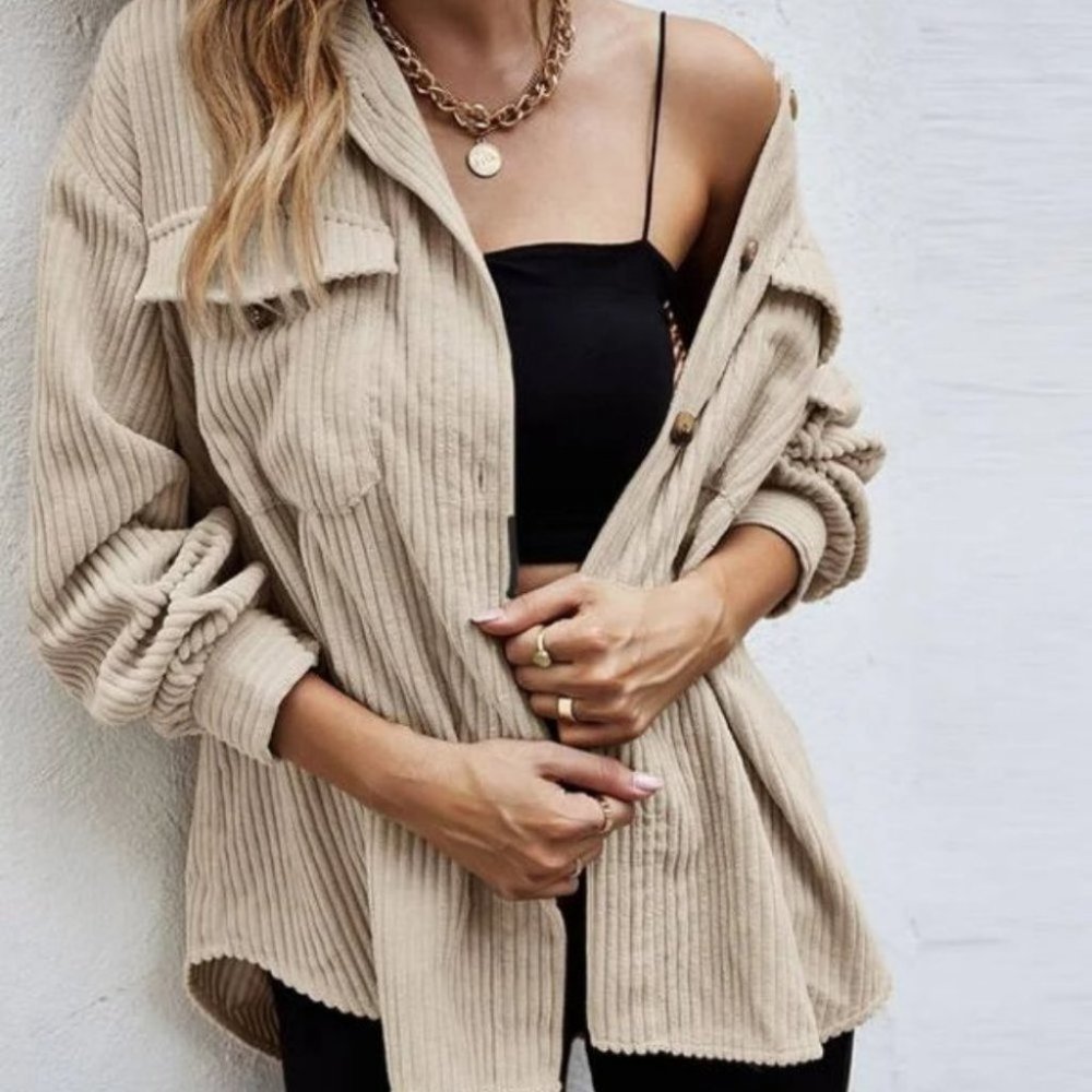 Casual Trendy Corduroy Flap Pocket Button down shirt Shacket jacket Coat beige - Picture 6 of 6
